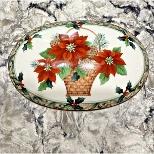 Vintage Ceramic Oval Covered Christmas Dish Mikasa Poinsettia Pattern UT114/686